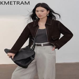 KMETRAM 리얼 터키 양피 가죽 자켓 여성 짧은 레트로 바이커 코트 스웨이드 가죽 자켓 가을 여성 의류 2026 casaco