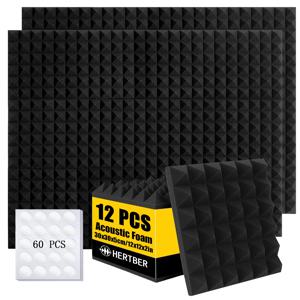 HERTBER-12개 블랙 피라미드형 흡음재 패널 12x12x2인치 양면 접착 테이프 포함 방음 벽 패널