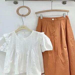 여름 여성용 반팔 셔츠 디자인 센세이션 우아하고 부드러운 귀여운 인형 칼라 포켓 손수건 버블 슬리브 탑