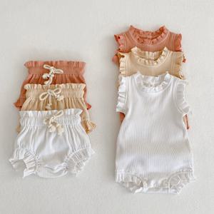 여름 아기 소녀 의류 세트 유아 프릴 바디 슈트 탑 PP 반바지 Bloomers 2PCS 복장 0-24 개월 유아 Romper 아기 세트