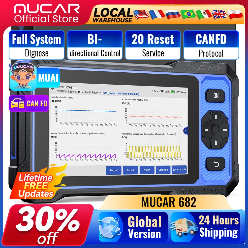MUCAR 682 AI 지원 OBD2 진단 도구 OE급 전체 시스템 진단 20가지 리셋 양방향 CAN FD 평생 무료 업데이트