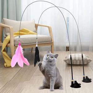 고양이 장난감 깃털 지팡이 대화 형 장난감 새끼 고양이 장난감 슈퍼 흡입 컵 분리형 2 PCS 깃털 교체 고양이 Accesorios