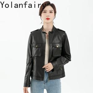 YOLANFAIRY 여성용 진짜 가죽 양가죽 재킷, 짧은 하이 엔드 아우터, 스탠드 칼라 재킷, 가을 패션, 신상