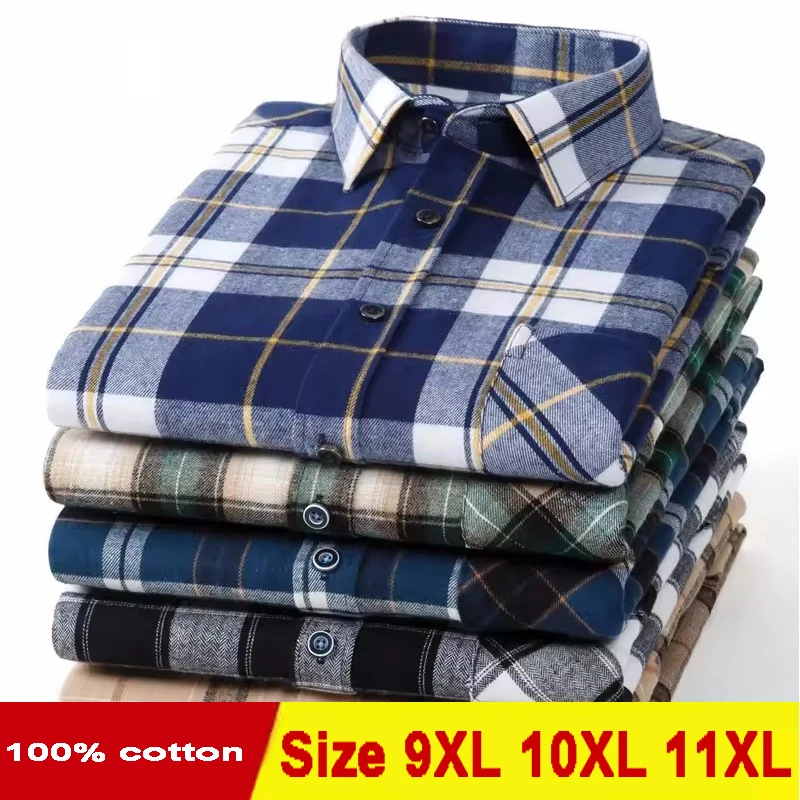 플러스 사이즈 11XL 10XL 9XL 남성용 격자 무늬 플란넬 셔츠 긴 소매 코튼 패션 캐주얼 소프트 스탠다드 핏 남성 셔츠 블라우스 의류