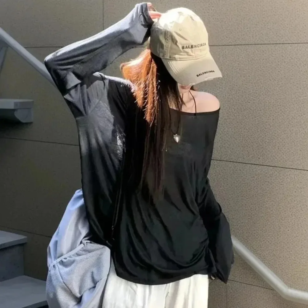 여름 티셔츠 여성 비치 얇은 시스루 오버사이즈 티셔츠 한국식 시크 화이트 탑 하이 스트리트 캐주얼 긴팔 셔츠