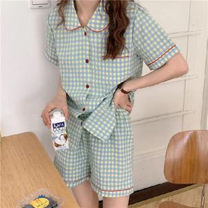3피스 세트 여성 파자마 반팔 체크무늬 시니어 감각 카디건 홈웨어 심플 크리스마스 소녀 잠옷 겨울 여름