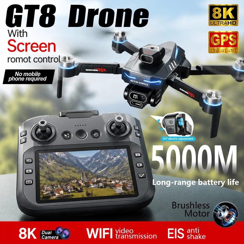 새로운 GT8 드론 프로페셔널 8K 듀얼 카메라 FPV GPS 장애물 감지 브러시리스 광학 흐름 호버링 접이식 쿼드콥터 1.5KM RC 드론 장난감