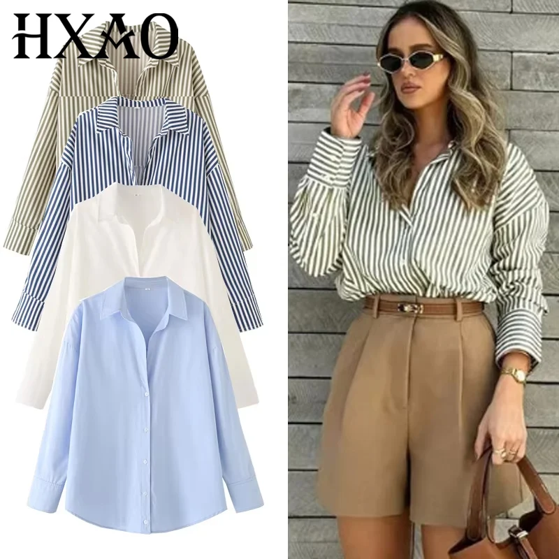 HXAO 2025 여성 블라우스 롱 스트라이프 셔츠 여성 봄 여름 긴팔 블루 화이트 셔츠 여성 라지 탑 버튼업 셔츠