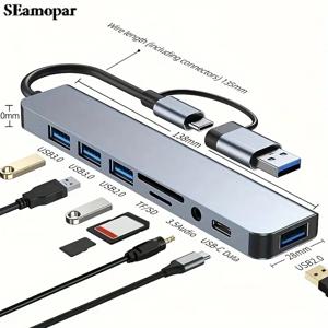 8-in-1 USB 확장기 허브 USB 분배기(USB 3.0 2개, USB 2.0 2개 및 USB C 포트 1개 포함), 노트북 PC Macbook에 적합한 TF/SD 카드