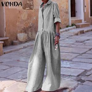 VONDA 빈티지 점프수트 여성 우아한 체크무늬 롱 오버롤 2026 패션 3/4 소매 라펠 캐주얼 플레이수트 루즈 스트리트웨어 팬츠