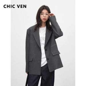 CHIC VEN 패션 여성 블레이저 루즈핏 캐주얼 디자인 보우 엠보싱 오피스룩 여성 수트 재킷 그레이 봄 가을 2026 여성 코트