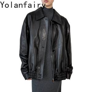 YOLANFAIRY 캐주얼 레트로 베지터블 태닝 리얼 양가죽 가죽 자켓 여성 2026 오버사이즈 루즈핏 정품 가죽 코트 자켓