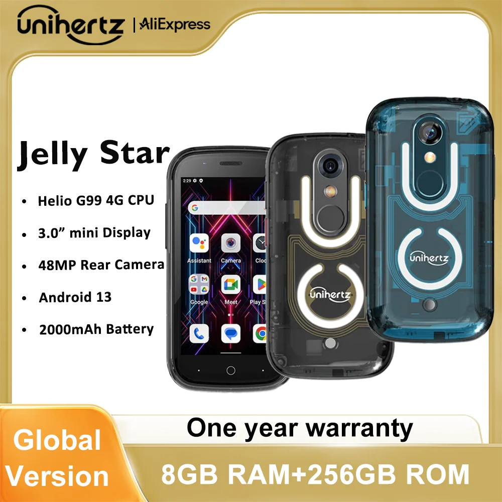 Unihertz 젤리 스타 안드로이드 13 8GB 256GB LED 라이트 잠금 해제 투명 백쉘 48MP 3 인치 2000mAh