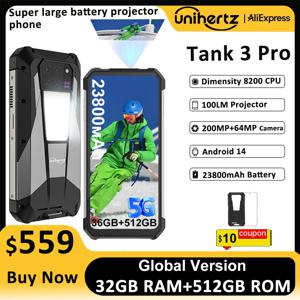 Unihertz Tank 3 Pro 8849 견고한 스마트폰 안드로이드 5G, 100 루멘 프로젝터 32/36GB 512GB 23800mAh 방수 200MP 휴대폰