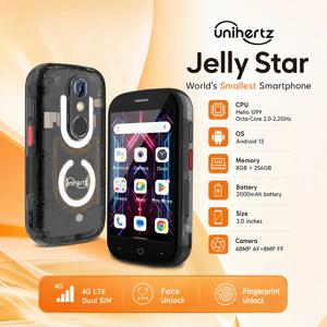 Unihertz Jelly Star 미니 스마트 폰 안드로이드 13 8GB 256GB Led 라이트 잠금 해제 투명 백 쉘 핸드폰 48MP 휴대용 전화