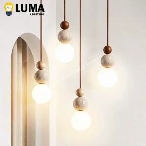 Luma 크림 스타일 노란색 석회화 펜던트 조명, 침실 머리맡 레스토랑 주방 섬을위한 자연 돌 나무 매달려 램프