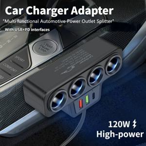 12V/24V 차량용 시거잭 어댑터 4포트 3.1A USB 충전기 120W QC3.0 PD 고속 충전 (아이폰, 삼성, 트럭, SUV 차량용)