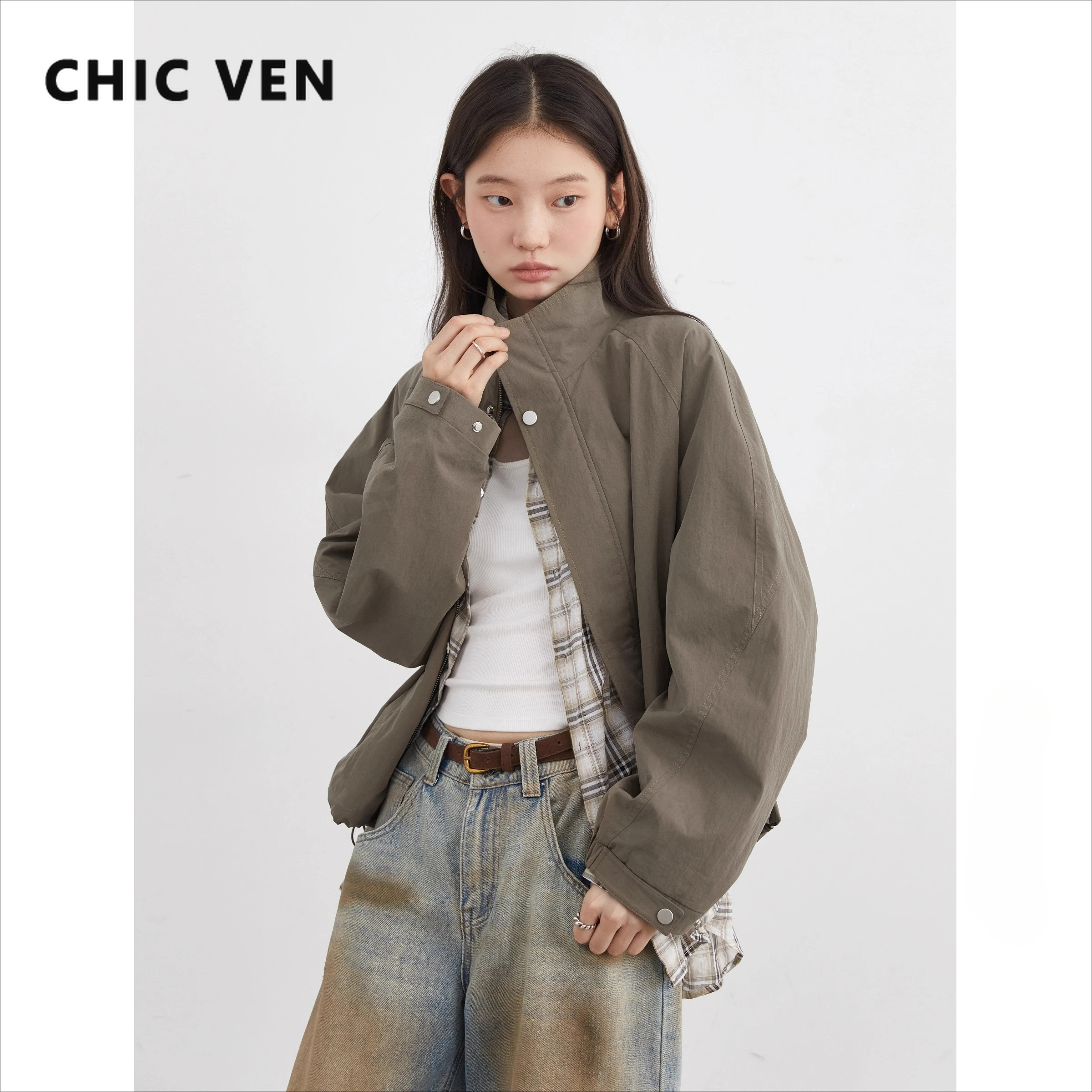 CHIC VEN 여성 자켓 방풍 루즈핏 캐주얼 스탠드 칼라 숏 코트 드로스트링 여성 자켓 방풍 봄 가을 2025