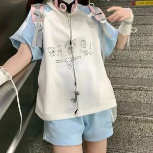 그런지 서브컬쳐 쇼츠 여성용 하이웨이스트 스트라이프 반바지 여성 캐주얼 일본 카와이 스타일