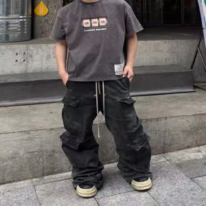 아메리칸 하이 스트리트 레트로 남성 캐주얼 와이드 레그 진 워크웨어 멀티 포켓 루즈핏 롱 팬츠 패셔너블 데님 팬츠