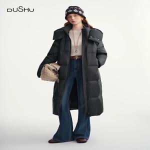 DUSHU 플러스 사이즈 여성용 퀼팅 롱 다운 재킷 스탠딩 칼라와 후드 겨울 2025 웜스 필드 화이트 덕 다운 코트