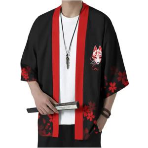 여름 일본식 여우 마스크 & 꽃무늬 기모노 블랙 레드 캐주얼 7소매 하오리 유카타 전통 스트리트웨어 경량 코트