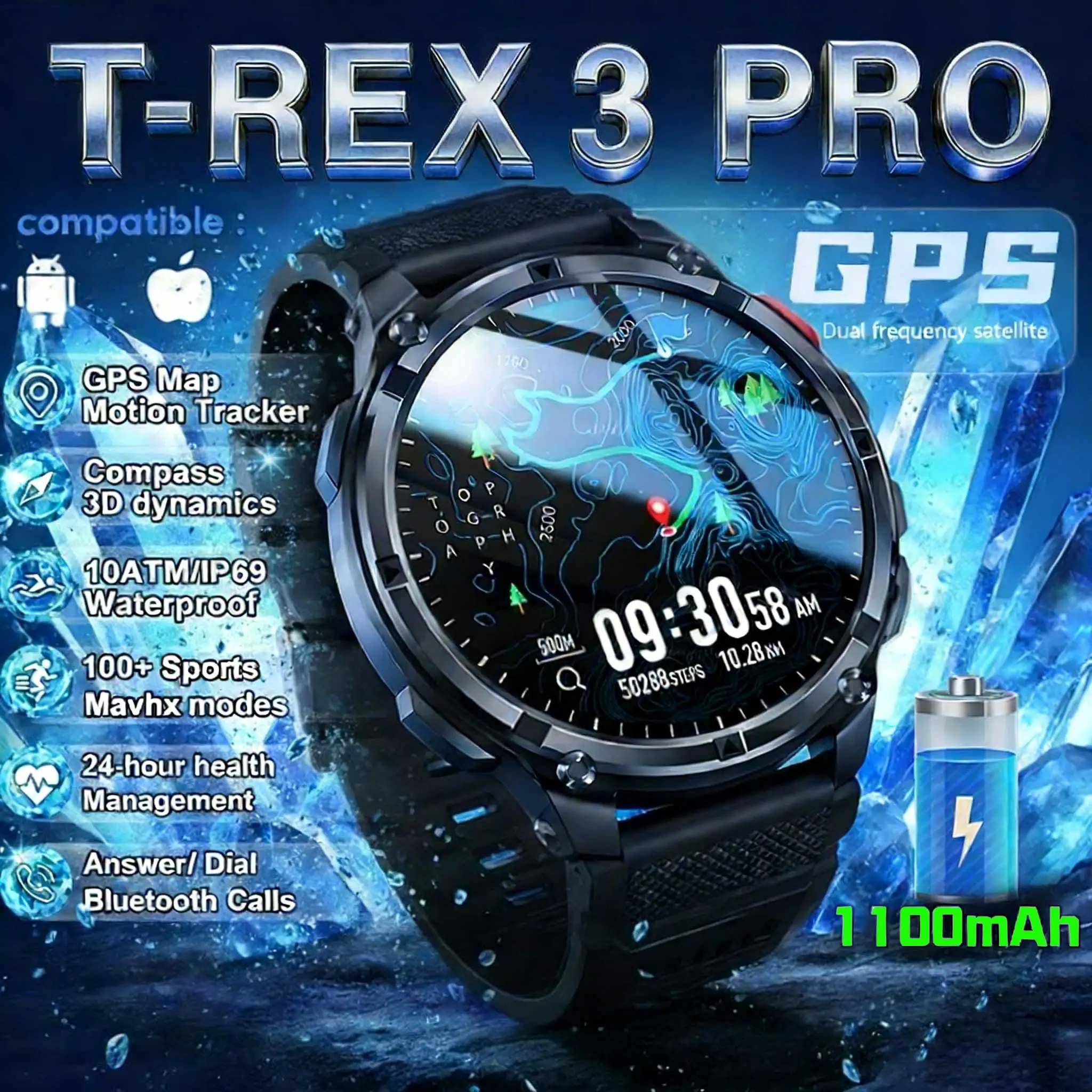 2026 새로운 T-Rex3 Pro GPS 스포츠 1100mAh 스마트워치 남성용 120일 대기 시계 견고한 아웃도어 스포츠 10ATM 방수 통화 기능 시계