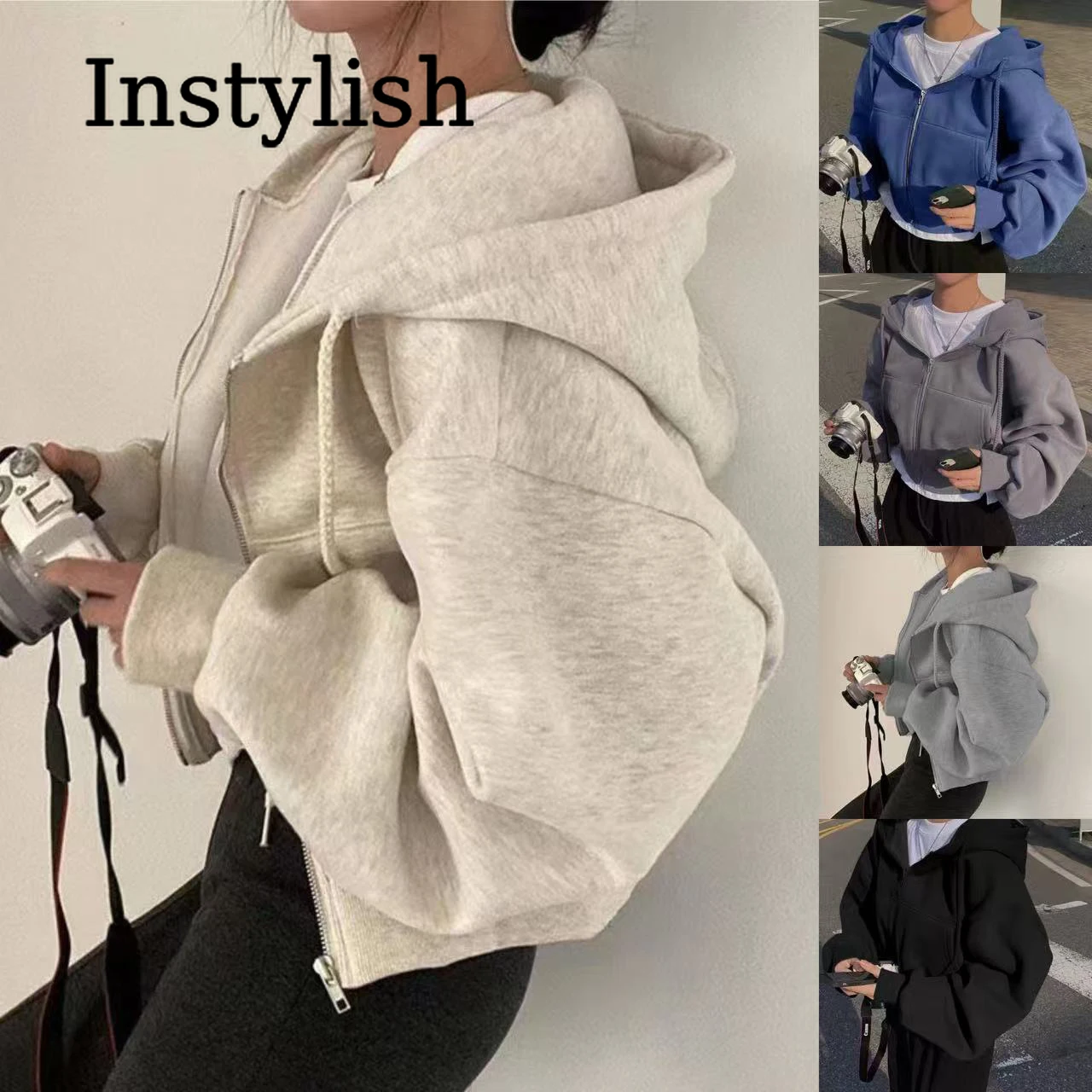 지퍼형 긴팔 후드 스웨트셔츠 루즈핏 캐주얼 심플 트렌디 다용도 단색 패셔너블 레이지 자켓 도매