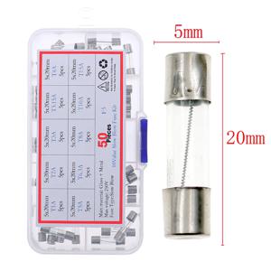 50개 5x20mm 슬로우 블로우 유리관 퓨즈 모듬 박스 키트 T1A 2A 3A 3.15A 4A 5A 6.3A 8A 10A 15A