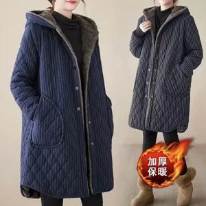 2026 가을 겨울 새로운 줄무늬 코튼 자켓 여성 따뜻한 플러시 두꺼운 후드 코트 패션 느슨한 여성 캐주얼 롱 오버코트