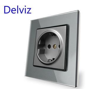 Delviz 크리스탈 유리 소켓, EU 표준 AC 인터페이스 110-250V, 회색 콘센트 강화 유리 패널, 벽 내장형 16A 전원 소켓