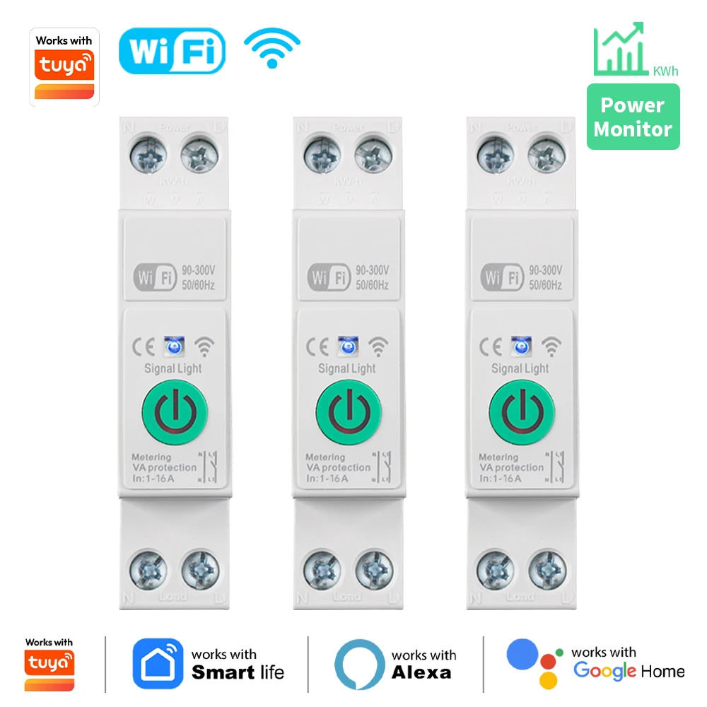 1P+N 16A WiFi 스마트 회로 차단기(미터링 전력 에너지 kWh 전압 전류 보호 기능 포함) Tuya 원격 제어 스위치와 호환 가능