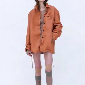 여성용 오버사이즈 오렌지색 천연 가죽 재킷, 주름진 가장자리 디테일, 캐주얼 버튼다운 스탠드 칼라 코트, 가을 겨울용