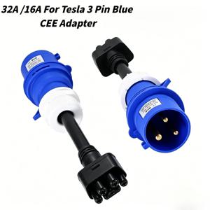 32A /16A 3핀 블루 CEE 어댑터 테슬라 모델 S,3,X,Y 2세대 EV 충전기 연장 코드 커넥터 240V 콘센트용