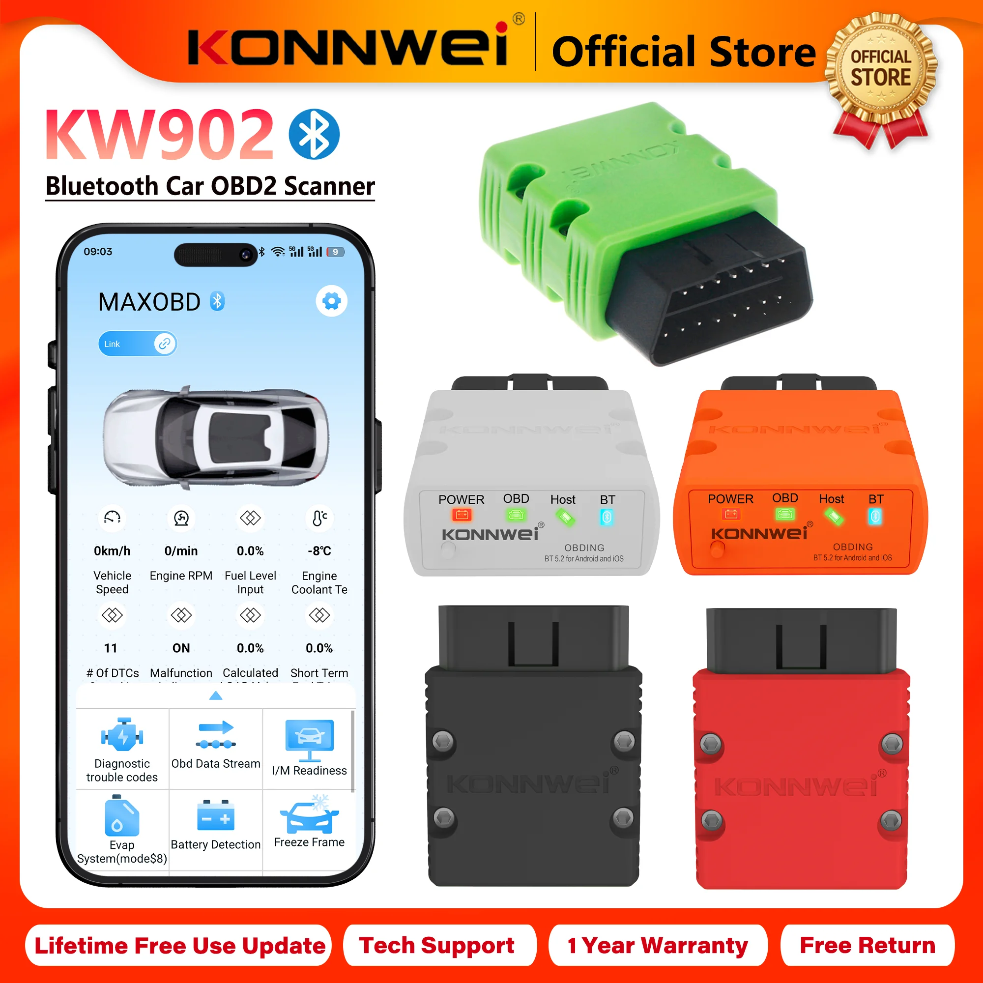 2026 KONNWEI KW902 Elm327 V1.5 OBD2 블루투스 자동차 진단 스캐너 미니 OBD 코드 리더 (안드로이드/IOS용) 엔진 경고등 제거 기능