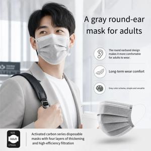 활성탄 일회용 안면 마스크 20개, 4겹 두께, 검정색 및 회색, 냄새 방지, 개별 포장