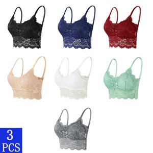 3PCS 여성 레이스 브래지어 탑 편안한 Bralette 솔리드 컬러 섹시한 속옷 조끼 여성 속이 빈 무선 란제리 원활한 브래지어