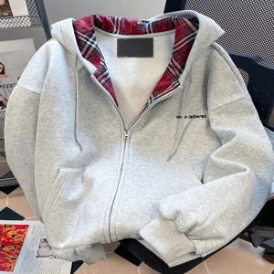 미국식 레트로 플래드 스플라이싱 후드티 가을 겨울 플리스 커플 캐주얼 코트 트렌디 지퍼 긴팔