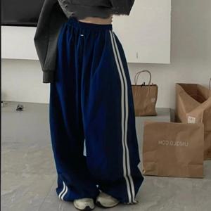 하라주쿠 빈티지 배기 바지 패션 여성 스트라이프 포켓 엘라스틱 하이 웨이스트 와이드 레그 팬츠 캐주얼 하이 스트리트 스웨트팬츠 트라우저