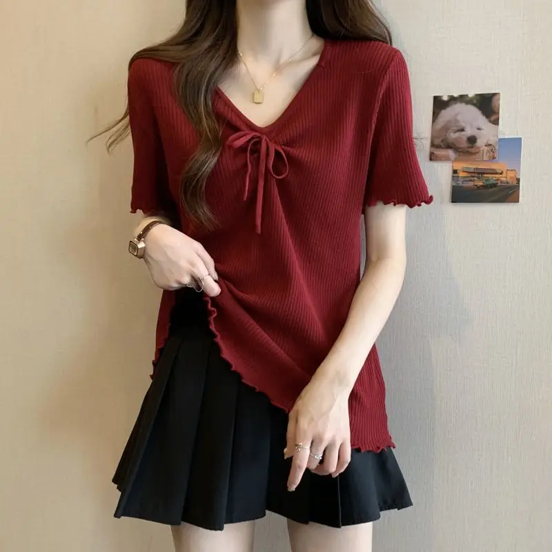 플러스 사이즈 여성용 봄 여름 신상 퓨어 컬러 슬리밍&에이징 리듀싱 로프타이드 리브드 반팔 티셔츠