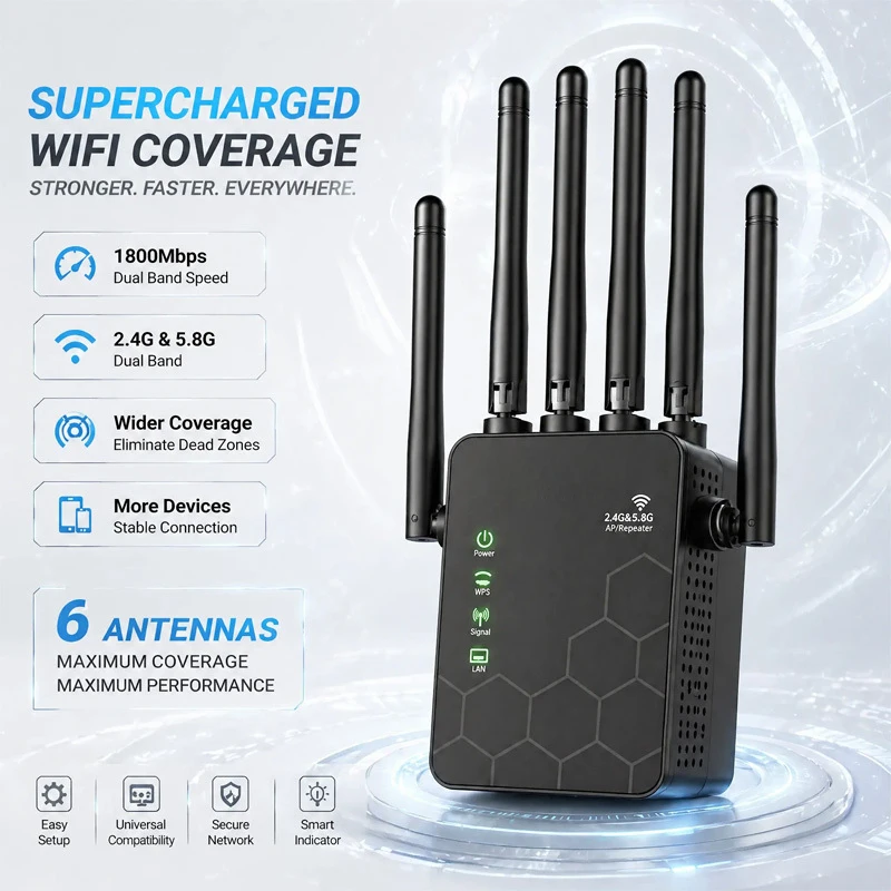 WiFi 확장기 1200Mbps 듀얼 밴드 무선 리피터 5GHz 및 2.4GHz 고속 신호 증폭기로 더 빠른 가정 인터넷 접속 가능