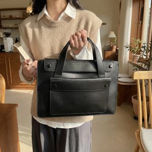 빈티지 브라운 PU 가죽 노트북 토트백 여성용 멀티 포켓 핸드백 노트북 슬리브 오피스 업무용 서류 가방 휴대용