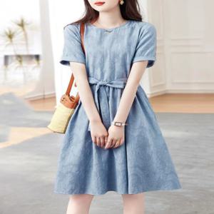 루즈핏 코튼 린넨 롱 원피스 라운드넥 반팔 여름 신상 여성 원피스 아티스틱 퓨어 컬러 포켓 손수건 포함