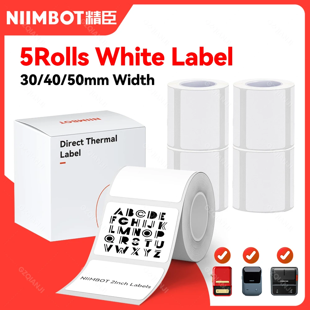 미니 스티커 포켓 바코드 프린터용 방수 라벨 용지 롤, 이름 인쇄, 흰색 Niimbot, B21 B1 B203, 5 롤