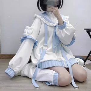 일본 Y2K 감성 러플 지퍼 스웨트셔츠 귀여운 후드티 여성용 윙스 패치 세일러 칼라 그런지 루즈 후디 탑 레그 워머
