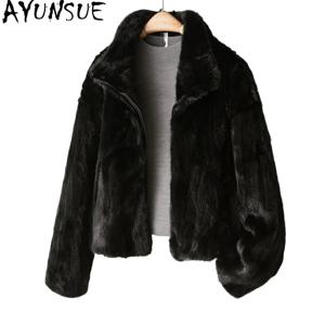 AYUSNUE 리얼 밍크 퍼 코트 여성용 따뜻한 겨울옷 패치워크 여성 밍크 코트 긴 소매 신상 코트 여성용