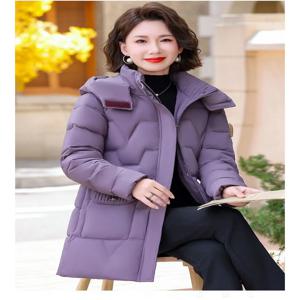 중년 및 노년 여성용 두꺼운 보온성 보라색 후드 코튼 재킷 겨울 아우터 패셔너블한 통근 스타일 긴팔 지퍼 클로저