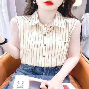 여성 여름 신상 반팔 쉬폰 셔츠 민소매 베이스 레이어 포켓 스퀘어 스트라이프 패턴 캐주얼 스타일 패셔너블