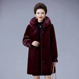 2022 겨울 여성 밍크 코트, 중년 어머니 전체 밍크 모피 롱 파카, 모조 모피 코트, 후드