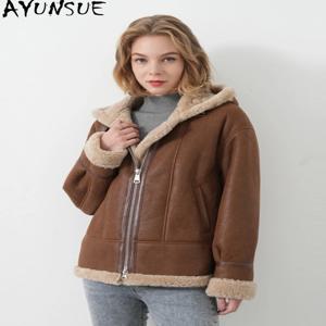 AYUNSUE 천연 양피 모피 코트 진짜 가죽 자켓 겨울 의류 여성 2025 양모 Motocycle 자켓 여성 streetwear